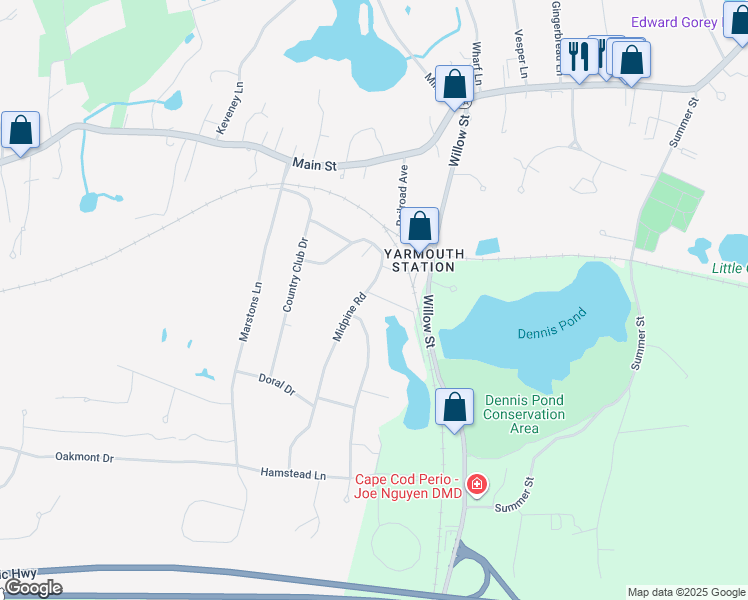 map of restaurants, bars, coffee shops, grocery stores, and more near 1 Congressional Dr in Yarmouth