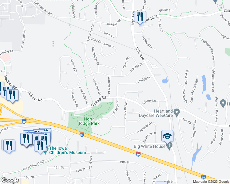 map of restaurants, bars, coffee shops, grocery stores, and more near 2030 South Ridge Drive in Coralville