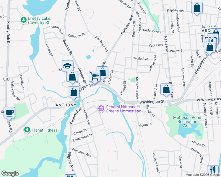 map of restaurants, bars, coffee shops, grocery stores, and more near 551 Washington St in Coventry
