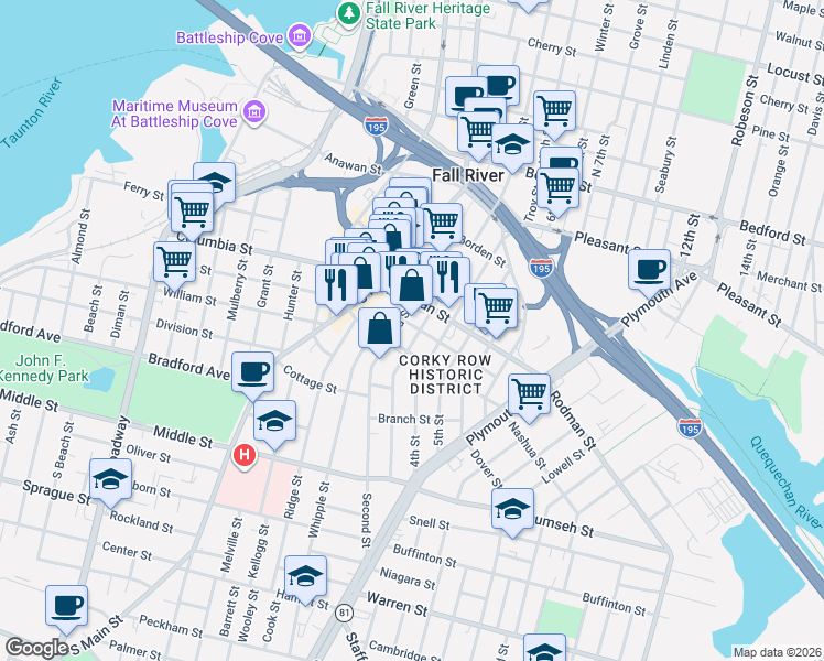 map of restaurants, bars, coffee shops, grocery stores, and more near 119 Wade Street in Fall River