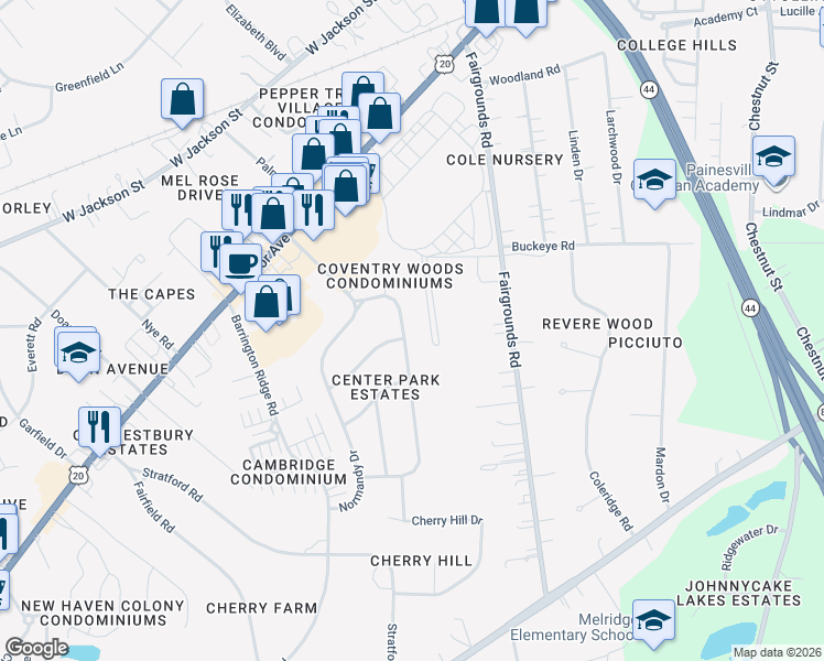 map of restaurants, bars, coffee shops, grocery stores, and more near 95 Coventry Drive in Painesville