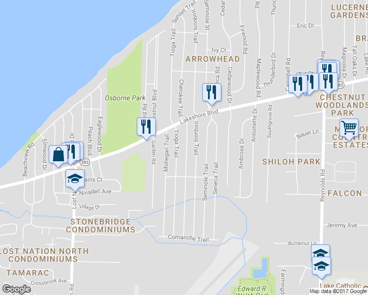 map of restaurants, bars, coffee shops, grocery stores, and more near 980 Cherokee Trail in Willoughby