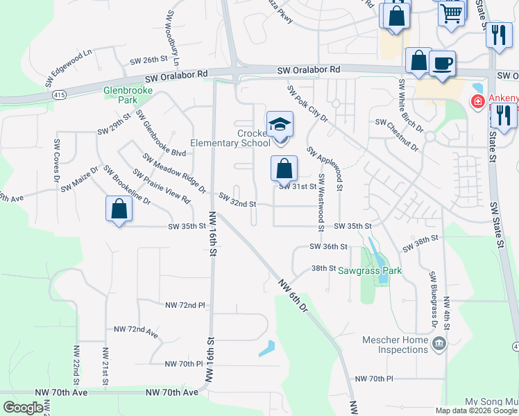 map of restaurants, bars, coffee shops, grocery stores, and more near 3201 Southwest Townpark Circle in Ankeny