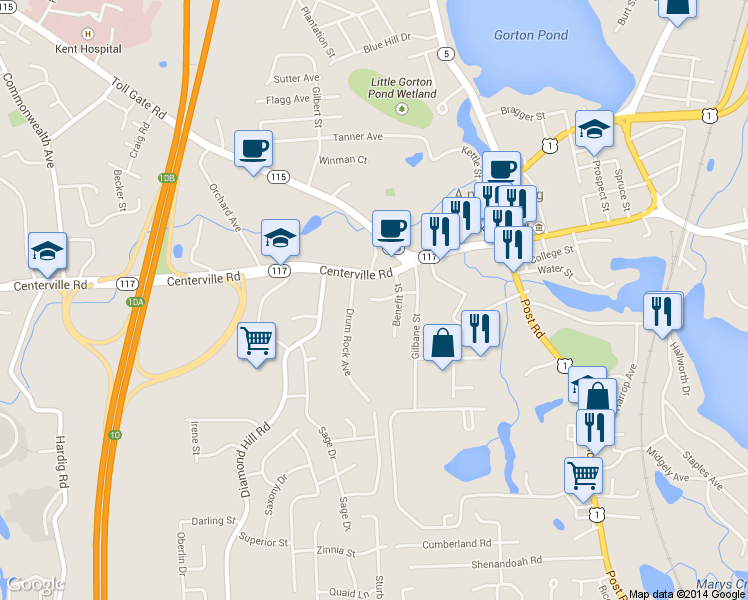 map of restaurants, bars, coffee shops, grocery stores, and more near 28 Drum Rock Avenue in Warwick