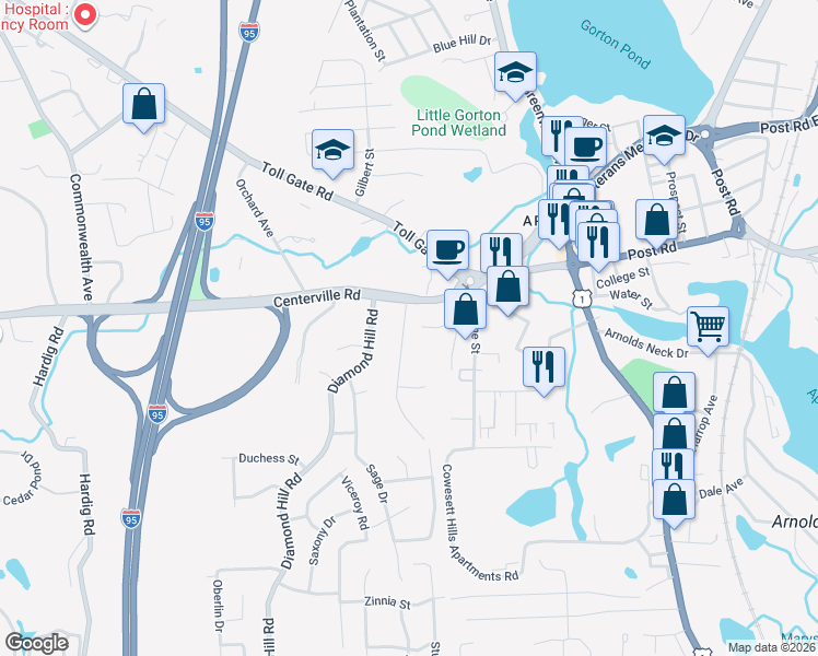 map of restaurants, bars, coffee shops, grocery stores, and more near 28 Drum Rock Avenue in Warwick