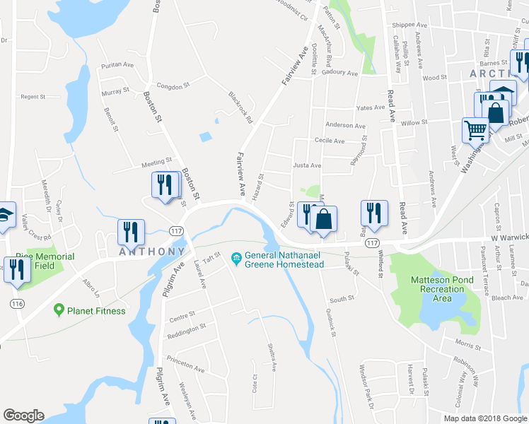 map of restaurants, bars, coffee shops, grocery stores, and more near 545 Washington Street in Coventry