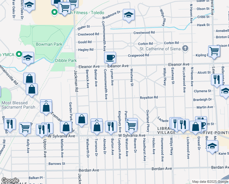map of restaurants, bars, coffee shops, grocery stores, and more near 4331 Lyman Avenue in Toledo