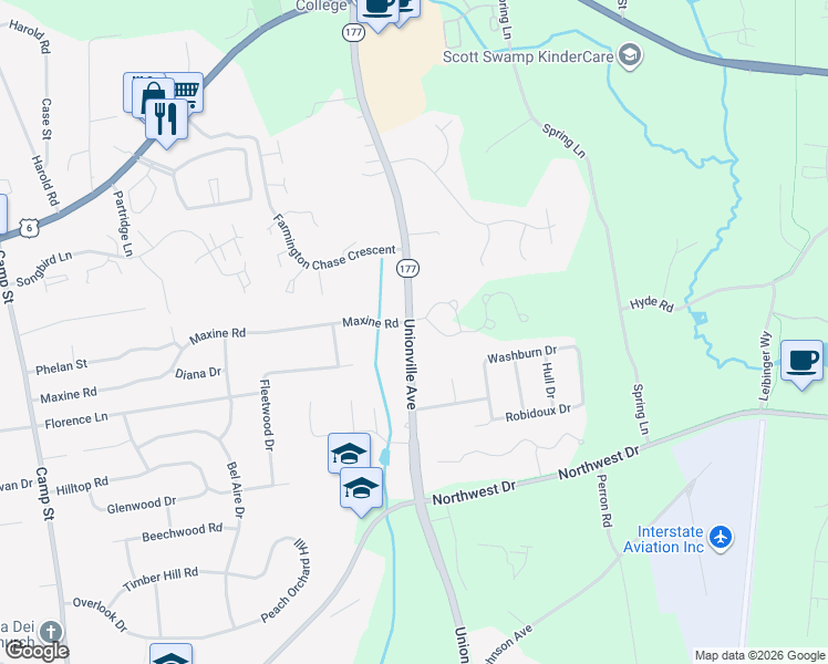 map of restaurants, bars, coffee shops, grocery stores, and more near 257 Unionville Avenue in Plainville