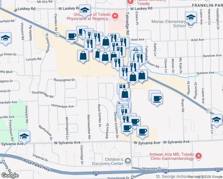 map of restaurants, bars, coffee shops, grocery stores, and more near 4343 Clarewood Drive in Toledo