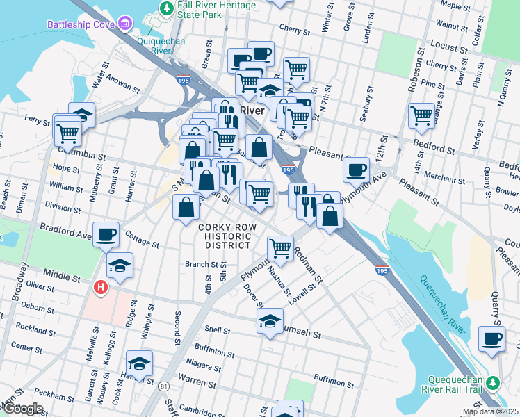 map of restaurants, bars, coffee shops, grocery stores, and more near 17 John Street in Fall River