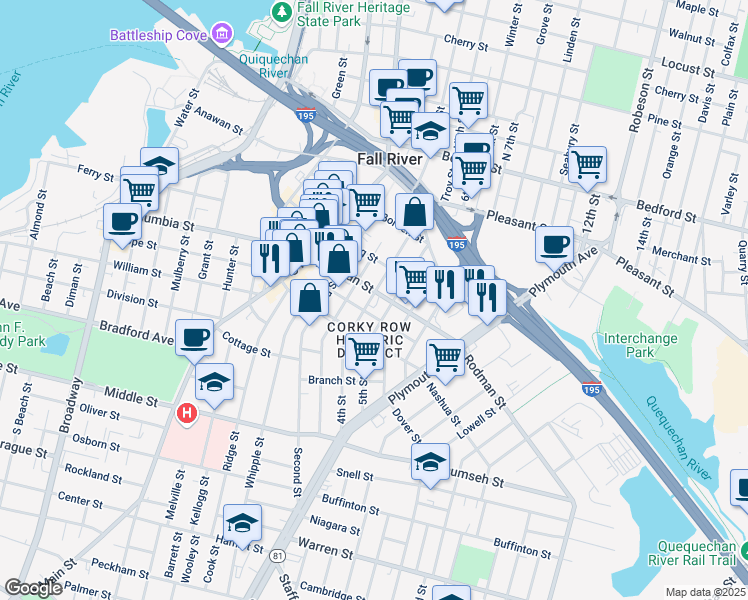 map of restaurants, bars, coffee shops, grocery stores, and more near 208 Rodman Street in Fall River