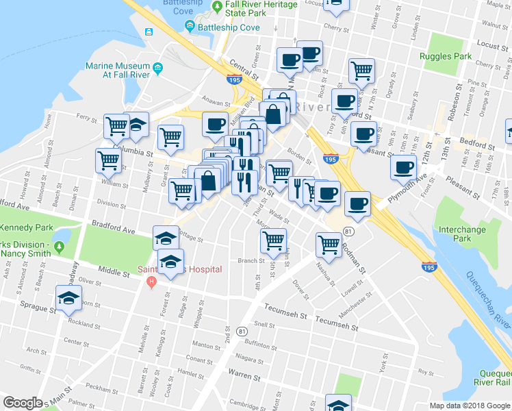 map of restaurants, bars, coffee shops, grocery stores, and more near 378 Third Street in Fall River