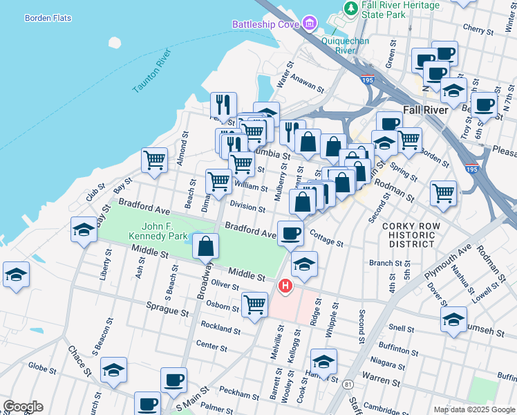 map of restaurants, bars, coffee shops, grocery stores, and more near 424 Division Street in Fall River