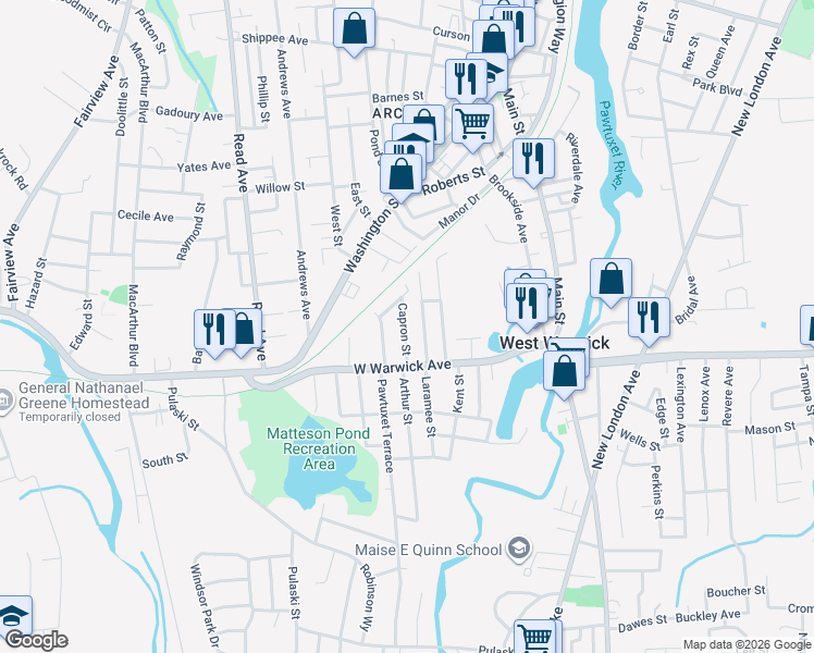 map of restaurants, bars, coffee shops, grocery stores, and more near 34 Standard Avenue in West Warwick