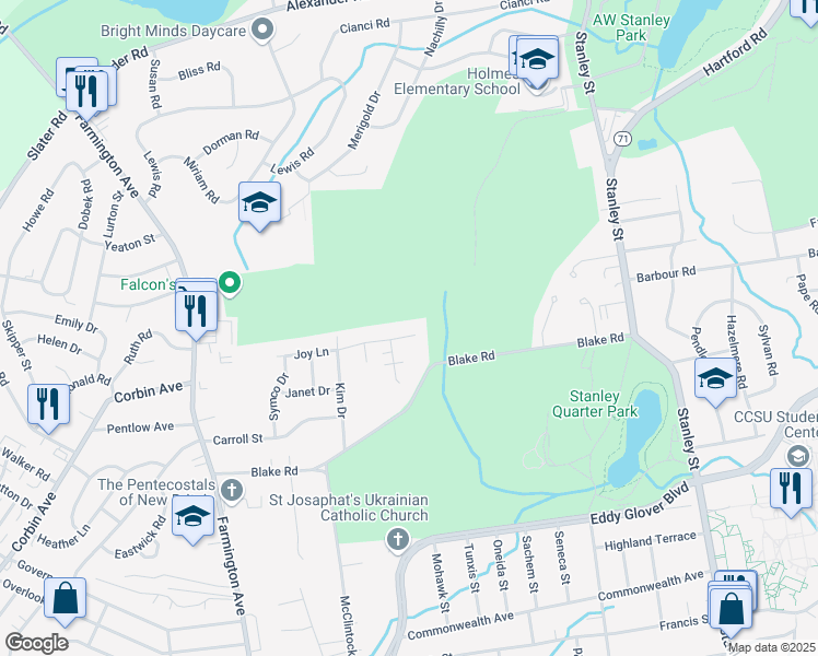 map of restaurants, bars, coffee shops, grocery stores, and more near 228 Joy Lane in New Britain