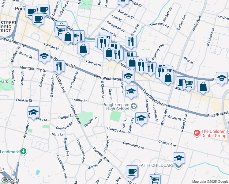 map of restaurants, bars, coffee shops, grocery stores, and more near 1 Gray Street in Poughkeepsie