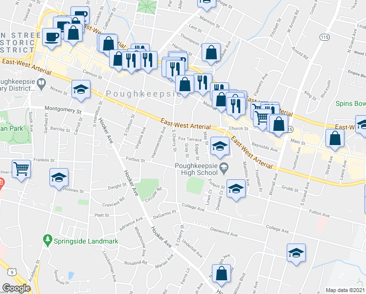 map of restaurants, bars, coffee shops, grocery stores, and more near 1 Gray Street in Poughkeepsie