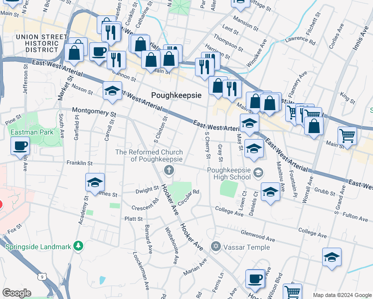 map of restaurants, bars, coffee shops, grocery stores, and more near 24 Hammersley Avenue in Poughkeepsie
