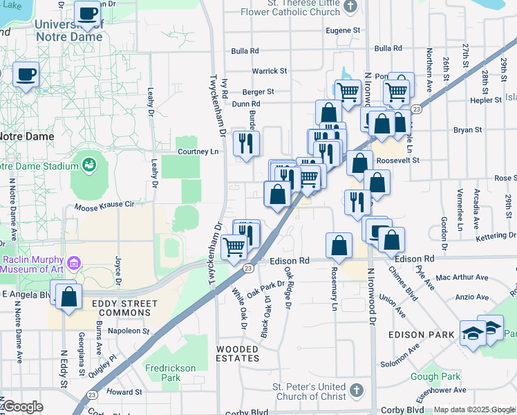 map of restaurants, bars, coffee shops, grocery stores, and more near 1660 Turtle Creek West Drive in South Bend
