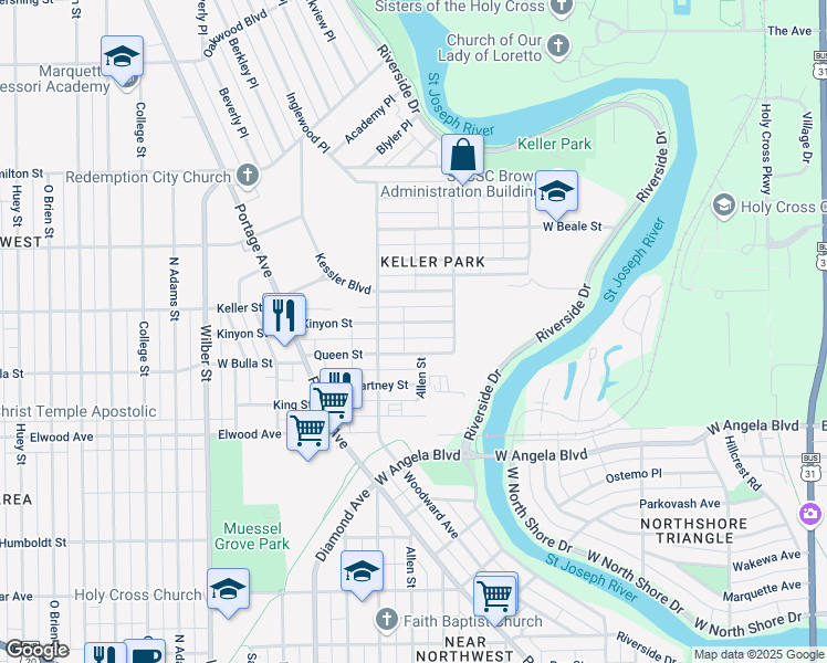 map of restaurants, bars, coffee shops, grocery stores, and more near 1114 Kinyon Street in South Bend