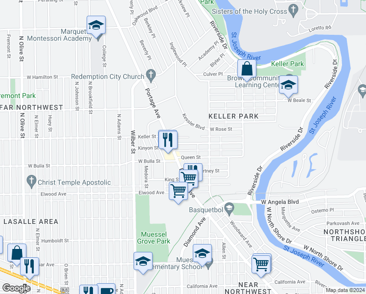 map of restaurants, bars, coffee shops, grocery stores, and more near 1250 Kinyon Street in South Bend