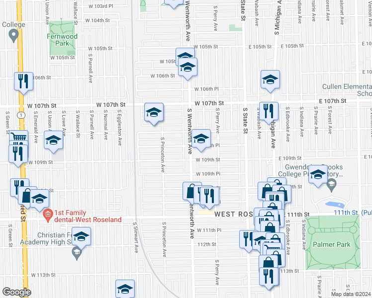 map of restaurants, bars, coffee shops, grocery stores, and more near 10832 South Wentworth Avenue in Chicago