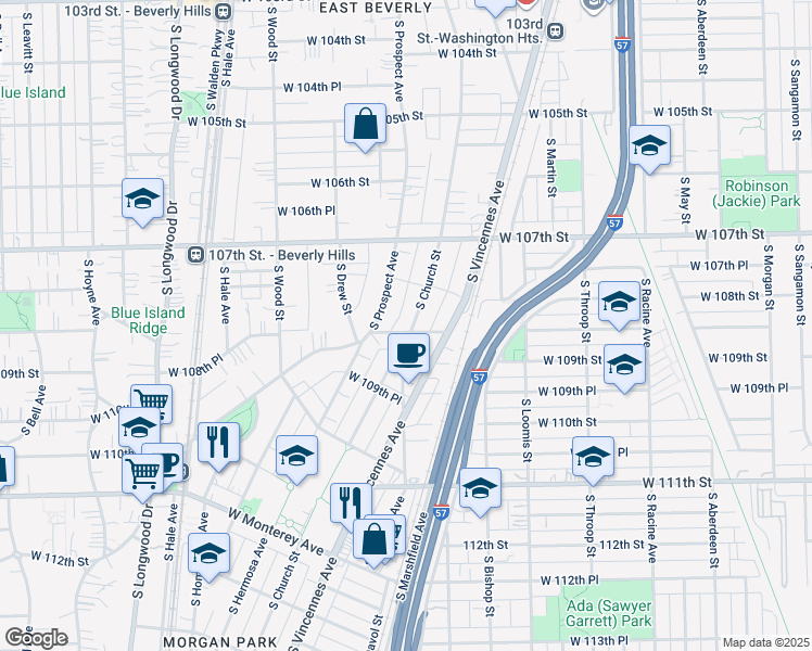 map of restaurants, bars, coffee shops, grocery stores, and more near 10822 South Church Street in Chicago