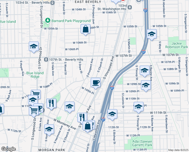 map of restaurants, bars, coffee shops, grocery stores, and more near 10822 South Church Street in Chicago