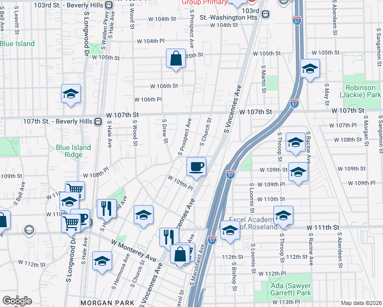 map of restaurants, bars, coffee shops, grocery stores, and more near 10822 South Church Street in Chicago