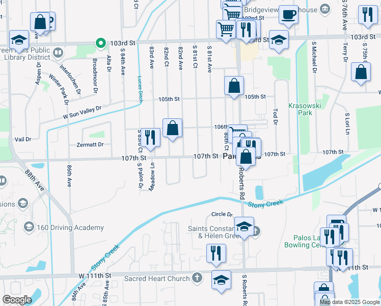 map of restaurants, bars, coffee shops, grocery stores, and more near 8200 West 107th Street in Palos Hills