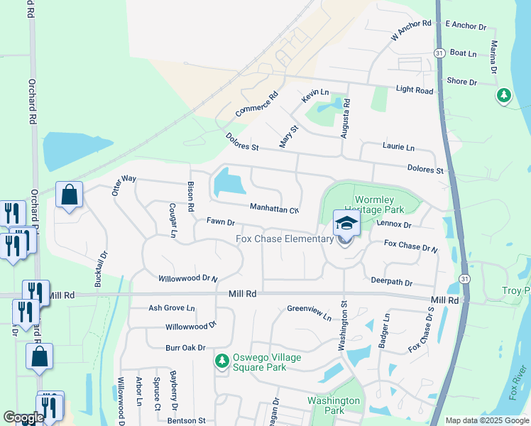 map of restaurants, bars, coffee shops, grocery stores, and more near 700 Manhattan Circle in Oswego