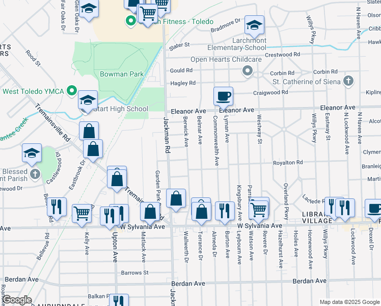 map of restaurants, bars, coffee shops, grocery stores, and more near 4312 Berwick Avenue in Toledo