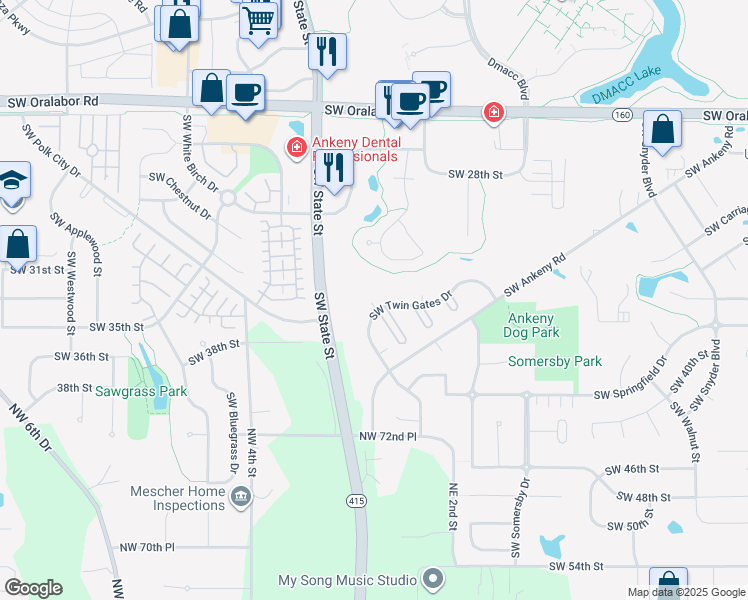 map of restaurants, bars, coffee shops, grocery stores, and more near 1472 Southwest Twin Gates Drive in Ankeny