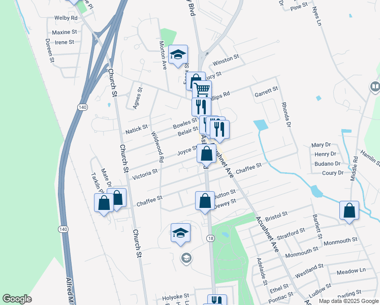 map of restaurants, bars, coffee shops, grocery stores, and more near 1048 Joyce Street in New Bedford