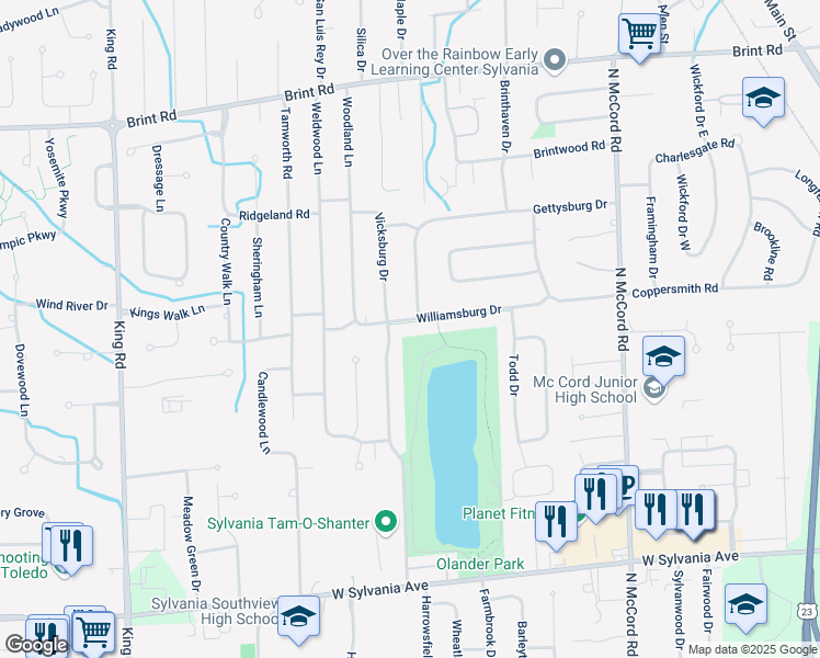map of restaurants, bars, coffee shops, grocery stores, and more near 7031 Williamsburg Drive in Sylvania