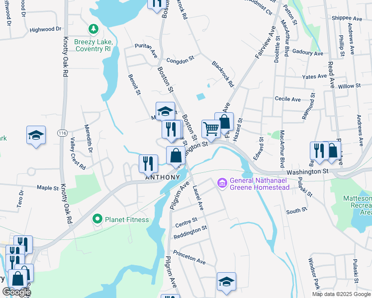 map of restaurants, bars, coffee shops, grocery stores, and more near 627 Washington Street in Coventry