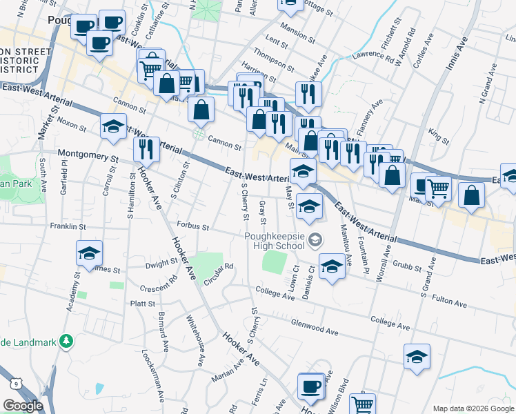 map of restaurants, bars, coffee shops, grocery stores, and more near 1 Gray Street in Poughkeepsie