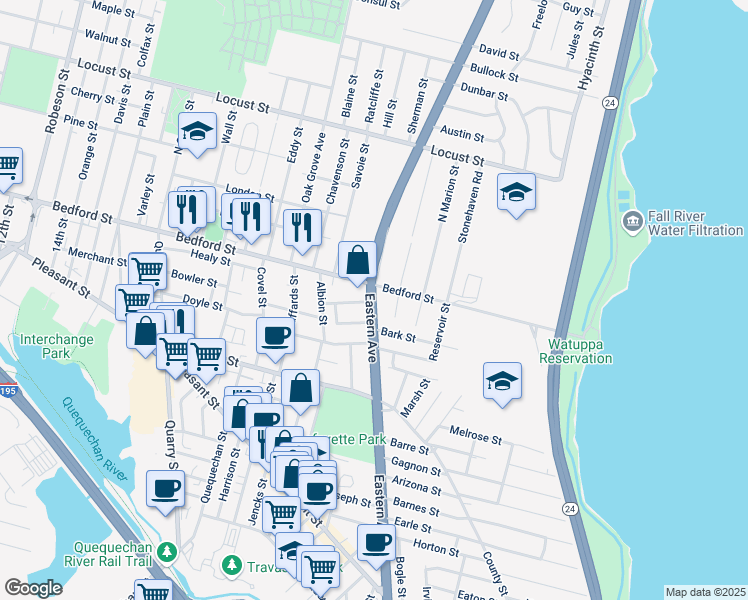 map of restaurants, bars, coffee shops, grocery stores, and more near 28 Eastern Avenue in Fall River