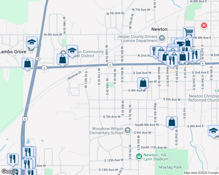 map of restaurants, bars, coffee shops, grocery stores, and more near 316 West 10th Street South in Newton