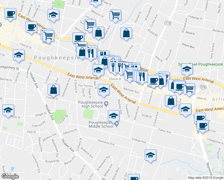 map of restaurants, bars, coffee shops, grocery stores, and more near 17 Lexington Avenue in Poughkeepsie