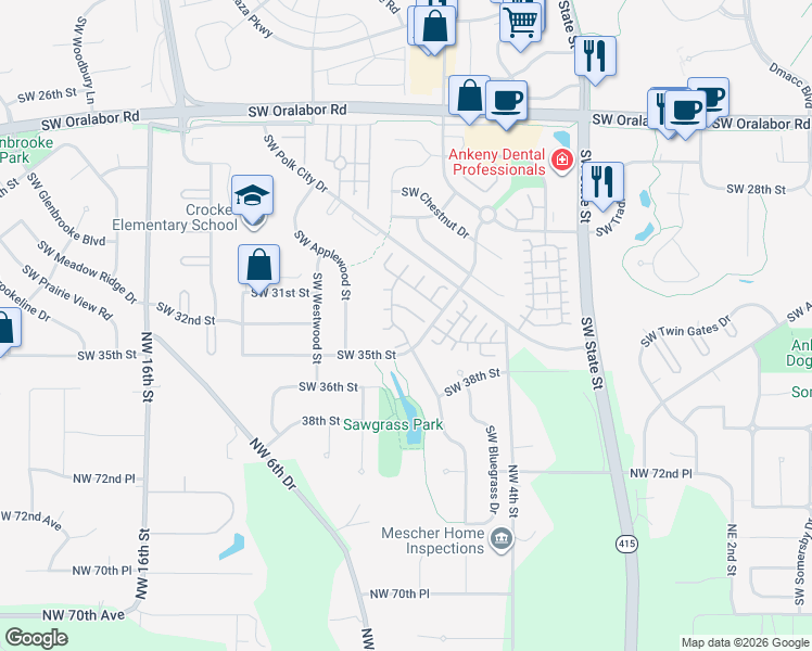 map of restaurants, bars, coffee shops, grocery stores, and more near 2158 SW 35th St in Ankeny