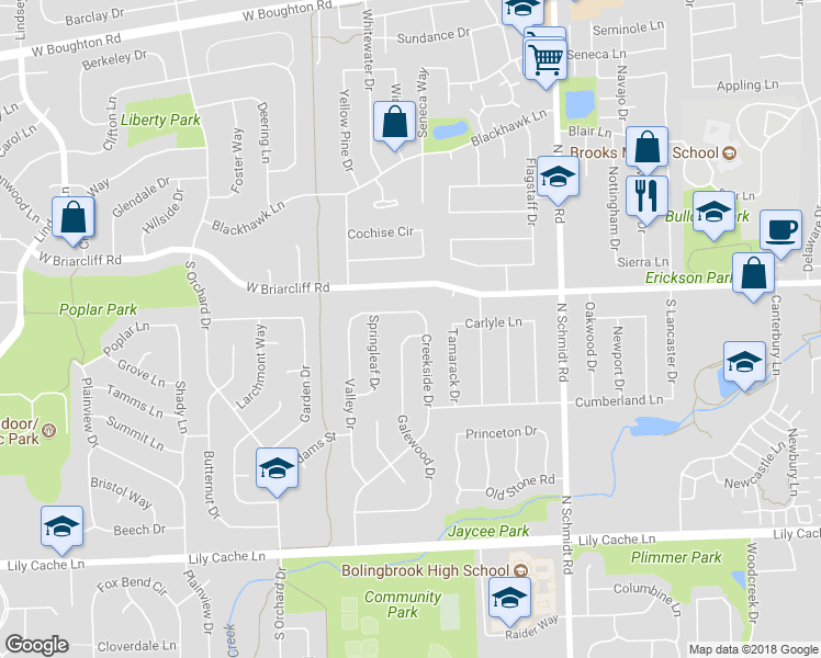 map of restaurants, bars, coffee shops, grocery stores, and more near 115 Galewood Drive in Bolingbrook