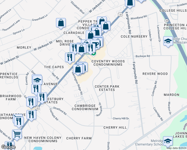 map of restaurants, bars, coffee shops, grocery stores, and more near 140 Normandy Drive in Painesville