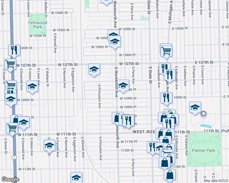 map of restaurants, bars, coffee shops, grocery stores, and more near 10832 South Wentworth Avenue in Chicago