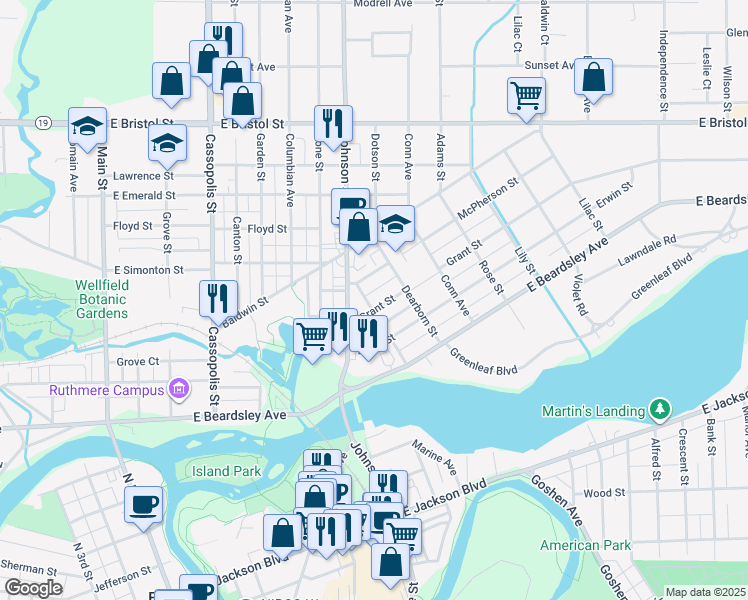map of restaurants, bars, coffee shops, grocery stores, and more near 902 Grant St in Elkhart