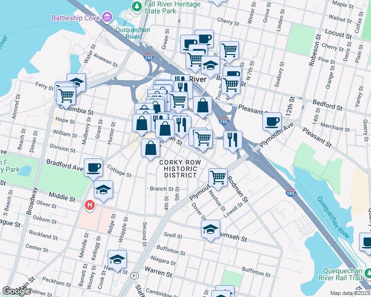 map of restaurants, bars, coffee shops, grocery stores, and more near 197 Rodman Street in Fall River