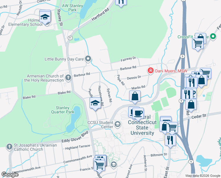 map of restaurants, bars, coffee shops, grocery stores, and more near 93 Sylvan Road in New Britain