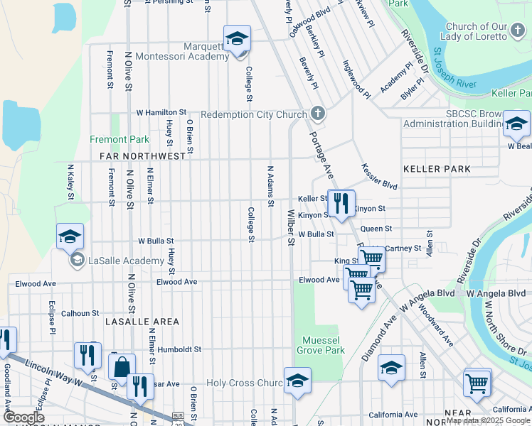 map of restaurants, bars, coffee shops, grocery stores, and more near 1641 North Adams Street in South Bend