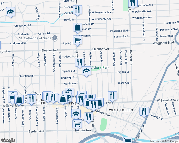map of restaurants, bars, coffee shops, grocery stores, and more near 4303 Walker Avenue in Toledo