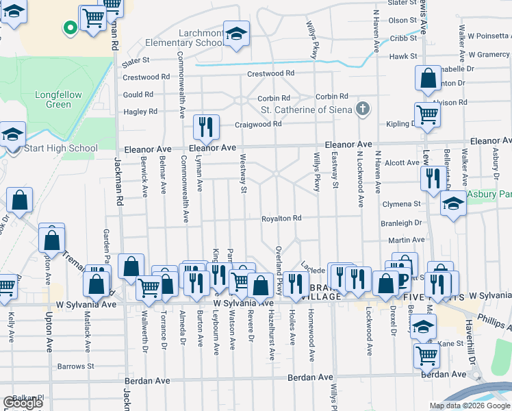 map of restaurants, bars, coffee shops, grocery stores, and more near 4326 Westway Street in Toledo